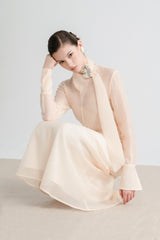 Elegant Midi Dress with High Neck Scarf Detail and Waist Tie Silhouette