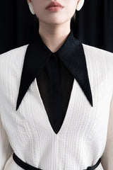 Textured Crepe Mini Dress with Oversized Pointed Collar and Long Sleeve Design