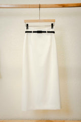 High-waisted midi pencil skirt with contrast waistband and elegant tailored silhouette