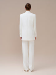 Tailored Double-Breasted Blazer with Peak Lapels and Structured Longline Silhouette