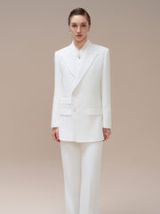 Tailored Double-Breasted Blazer with Peak Lapels and Structured Longline Silhouette