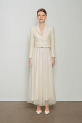 Textured wool cropped jacket with notch lapels and flap pockets