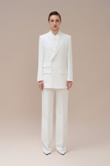 Tailored Double-Breasted Blazer with Peak Lapels and Structured Longline Silhouette