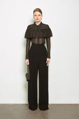 Statement Blouse with Pleated Cape Overlay and Sharp Tailored Cuffs for Elevated Styling
