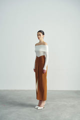 Off-Shoulder Stretch Knit Top with Folded Neckline and Long Slim Sleeves