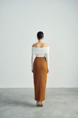 Off-Shoulder Stretch Knit Top with Folded Neckline and Long Slim Sleeves