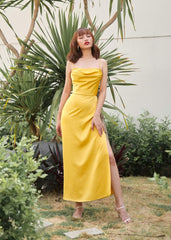 Silk midi dress with draped neckline and lace-up back for elegant evening occasions
