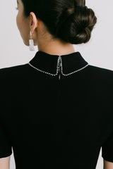 Tailored Crepe Midi Dress with Pearl-Trimmed Collar and Belted Waist Detail