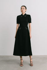 Tailored Crepe Midi Dress with Pearl-Trimmed Collar and Belted Waist Detail