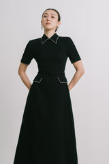 Tailored Crepe Midi Dress with Pearl-Trimmed Collar and Belted Waist Detail