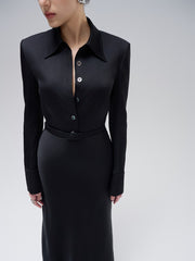 Structured satin dress with shirt collar, button front, and full-length figure-skimming cut