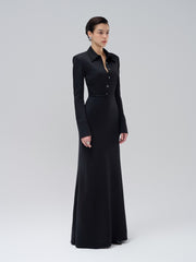 Structured satin dress with shirt collar, button front, and full-length figure-skimming cut