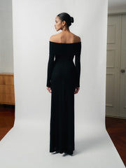 Wool Lacy Jacquard Off-Shoulder Long Dress With Fitted Bodice And Flared Hem