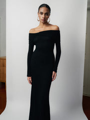 Wool Lacy Jacquard Off-Shoulder Long Dress With Fitted Bodice And Flared Hem