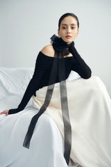 Off-Shoulder Fitted Bodice Long Sleeve Dress In Soft Textured Crepe With Gathered Maxi Skirt
