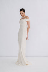 Off-Shoulder Textured Crepe Gown With Draped Neckline And Floor-Length Silhouette