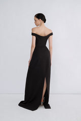 Off-Shoulder Wool Blend Maxi Dress With Draped Back and Side Slit Detail