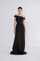 Off-Shoulder Wool Blend Maxi Dress With Draped Back and Side Slit Detail