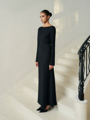 Backless Draped Maxi Dress With Pearl Chain Detail And Long Sleeves For Evening Elegance