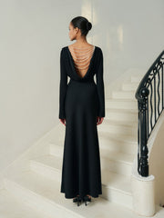 Backless Draped Maxi Dress With Pearl Chain Detail And Long Sleeves For Evening Elegance