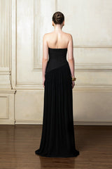 Strapless Maxi Dress With Pleated Velvet Skirt And Embellished Bodice
