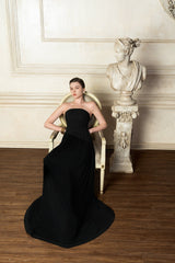 Strapless Maxi Dress With Pleated Velvet Skirt And Embellished Bodice