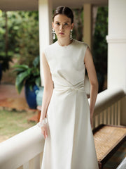 Sleeveless Crepe Maxi Dress with Draped Side Twist and Minimalist High Neckline