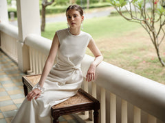 Sleeveless Crepe Maxi Dress with Draped Side Twist and Minimalist High Neckline