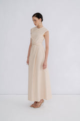 Sleeveless Crepe Maxi Dress with Asymmetric Draped Waist and Clean High Neckline