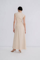 Sleeveless Crepe Maxi Dress with Asymmetric Draped Waist and Clean High Neckline