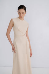 Sleeveless Crepe Maxi Dress with Asymmetric Draped Waist and Clean High Neckline