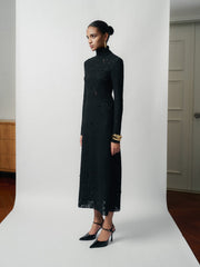 Long Sleeve Embroidered Lace Midi Dress with High Neck and Tailored Fit