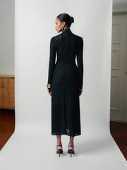 Long Sleeve Embroidered Lace Midi Dress with High Neck and Tailored Fit
