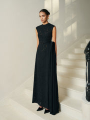 Embroidered Lace Draped Midi Dress With Waist Detail and Sleeveless Fitted Bodice
