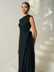 Embroidered Lace Draped Midi Dress With Waist Detail and Sleeveless Fitted Bodice