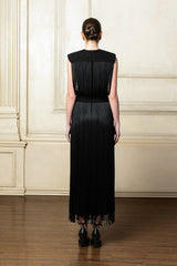 Sleeveless Fringe Midi Dress with Hand-Knit Accents and Figure-Defining Stretch Waistband