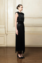 Sleeveless Fringe Midi Dress with Hand-Knit Accents and Figure-Defining Stretch Waistband