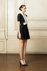 Tweed Mini Dress with Contrast Satin Lapel and Bow Detail for Sophisticated Occasions