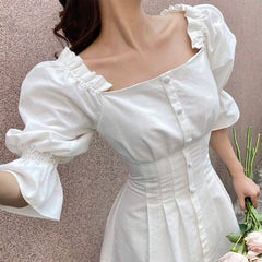 Silk Puff Sleeve Mini Dress with Square Neckline and Fitted Waist Detail