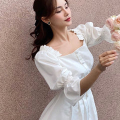Silk Puff Sleeve Mini Dress with Square Neckline and Fitted Waist Detail