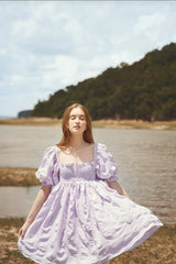 Silk mini dress with puff sleeves and ruched bodice for elegant summer and resort styling
