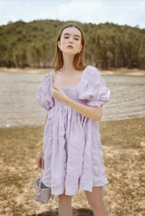 Silk mini dress with puff sleeves and ruched bodice for elegant summer and resort styling