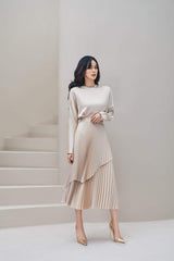 Long-sleeve silk blouse with high neckline and fluid drape for timeless elegant styling