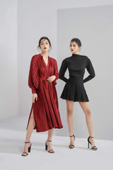 Long sleeve pleated midi silk dress with front slit and belted waist for elegant styling