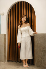 Silk Off-Shoulder Top with Balloon Sleeves and Corset-Inspired Waist Tie Detail