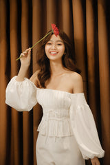 Silk Off-Shoulder Top with Balloon Sleeves and Corset-Inspired Waist Tie Detail