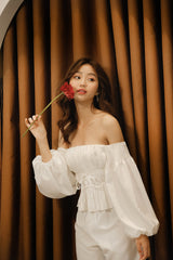 Silk Off-Shoulder Top with Balloon Sleeves and Corset-Inspired Waist Tie Detail