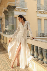 Button-down long sleeve silk dress with flared hem and sailor collar in striped weave