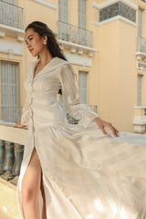 Button-down long sleeve silk dress with flared hem and sailor collar in striped weave