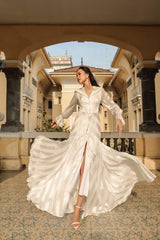 Button-down long sleeve silk dress with flared hem and sailor collar in striped weave